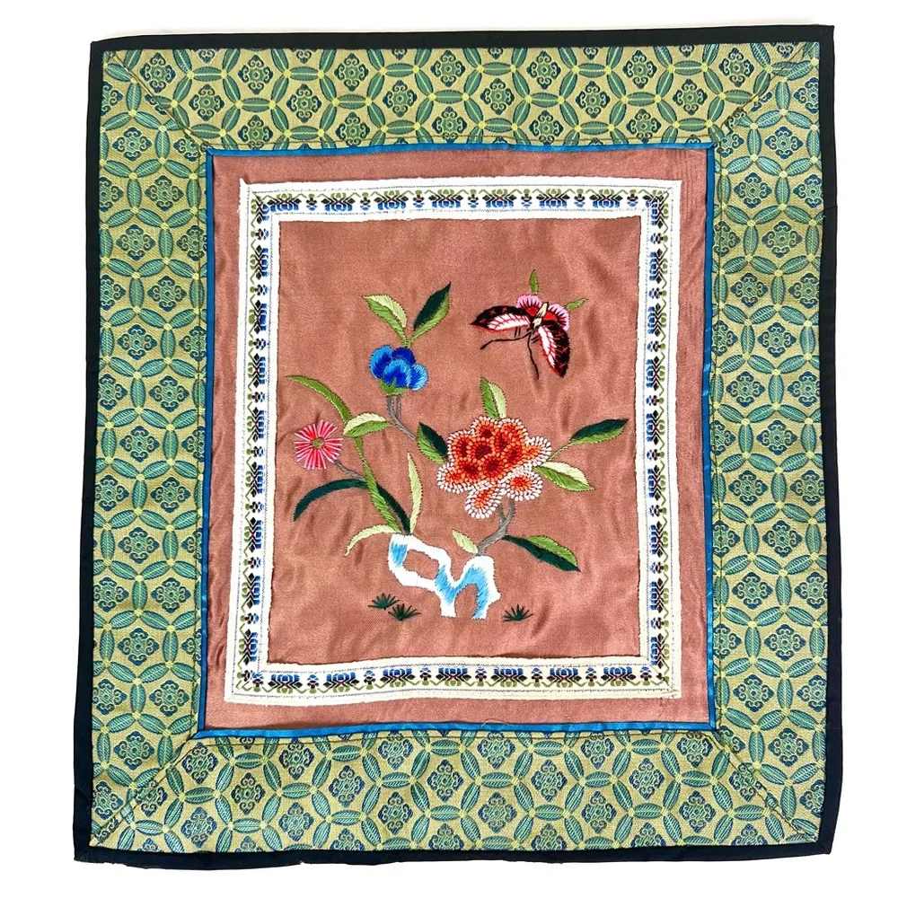 Vintage Chinese Silk Embroidered Floral Butterfly Panel